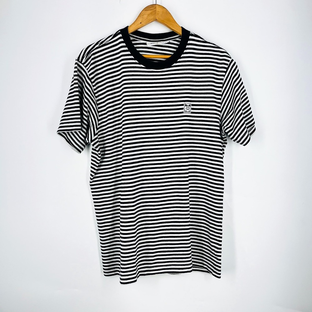 Obey Mens Striped T-Shirt Black White Horizontal Stripe Icon Logo Crewneck Tee